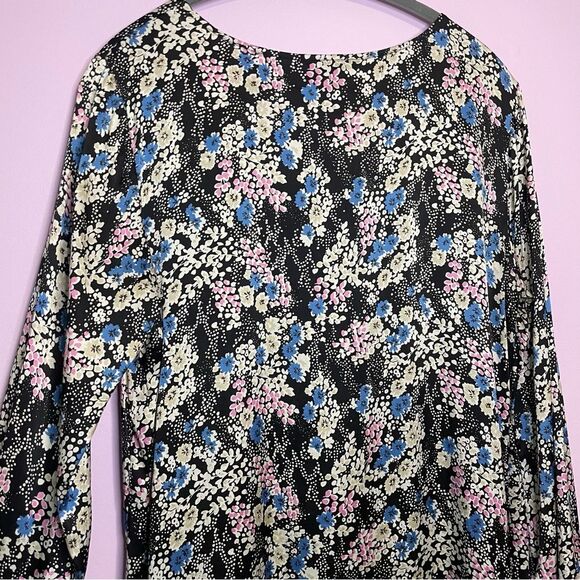 Vintage Express Slip Dress Long Sleeves Black Blue Ditsy Floral Y2K Large - Picture 6 of 8